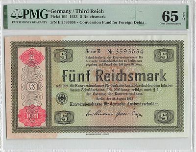 Германия Третий рейх 5 рейхсмарок 1933-1934 гг. P-207 PMG 65 EPQ Gem UNC