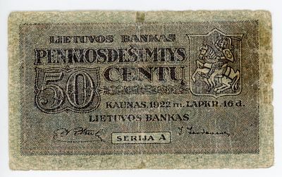 Литва 50 центов 1922 г. Серия А P-12 VG-F