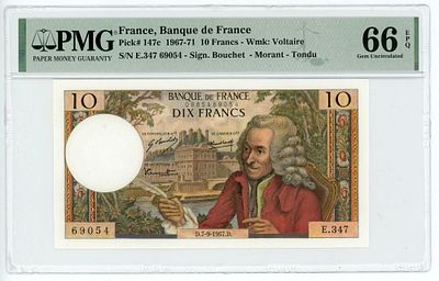 Франция 10 франков 1967-1971 гг. P-147c PMG 66 EPQ Gem UNC
