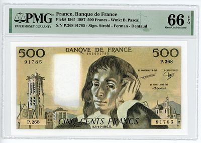 Франция 500 франков 1987 г. P-156f PMG 66 EPQ UNC