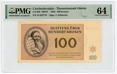 Чехословакия Лагерь Терезиенштадт Гетто 100 крон 1943 г. CZ-656 PMG 64 UNC