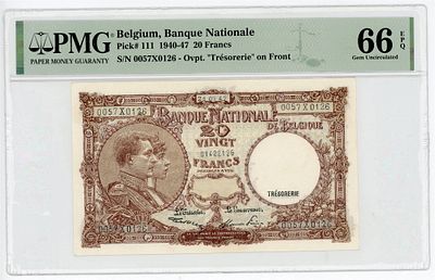 Бельгия 20 франков 1947 г. P-111 PMG 66 EPQ UNC
