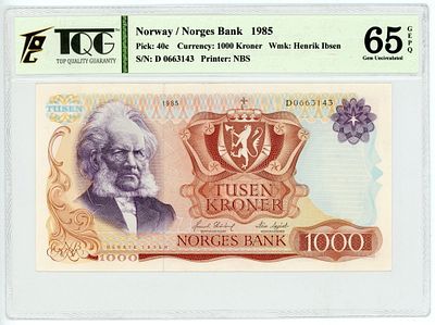 Норвегия 1000 крон 1985 г. P-40c TQG 65 GEPQ Gem UNC
