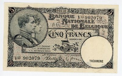 Бельгия 5 франков 1938 г. P-108 XF