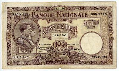 Бельгия 100 франков 1924 г. P-95 VF