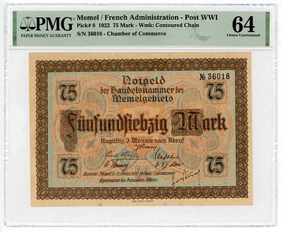 Мемель Клайпеда 75 марок 1922 г. P-8 PMG 64 UNC