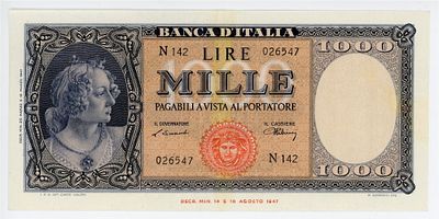 Италия 1000 лир 1947 г. P-83 AUNC