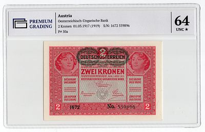 Австрия 2 кроны 1919г в слабе PG UNC64*. Pick № 50a.