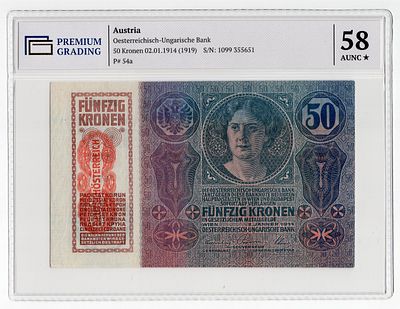 Австрия 50 крон 1919г в слабе PG AUNC58*. Pick № 54a.