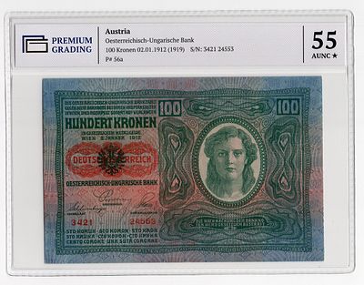 Австрия 100 крон 1919г в слабе PG AUNC55*. Pick № 56a.