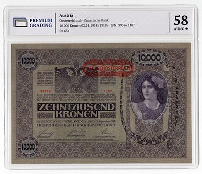 Австрия 10000 крон 1919г в слабе PG AUNC58*. Pick № 65a.