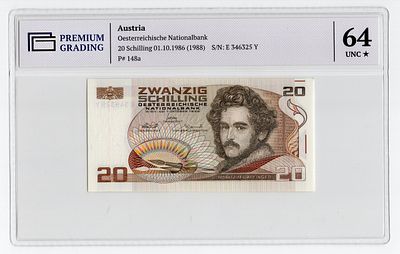 Австрия 20 шиллингов 1986г в слабе PG UNC64*. Pick № 148a.