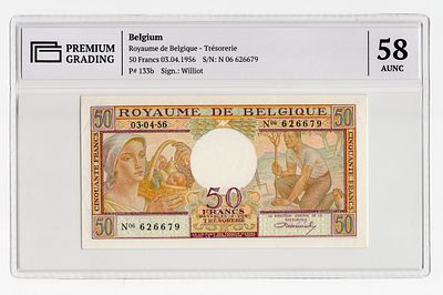 Бельгия казначейство 50 франков 1956г в слабе PG AUNC58. Pick № 133b.