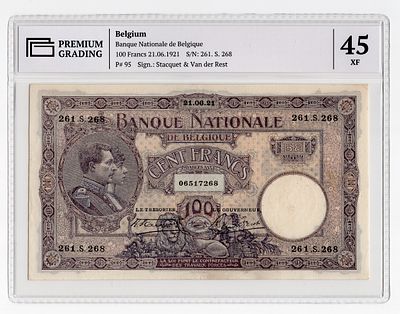 Бельгия 100 франков 1921г в слабе PG XF45. Pick № 95.