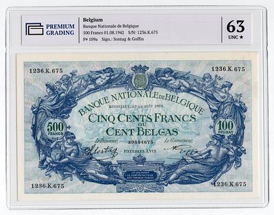 Бельгия 500 франков 1942г в слабе PG UNC63*. Pick № 109a.