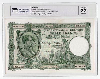 Бельгия 1000 франков 1942г в слабе PG AUNC55. Pick № 110a.