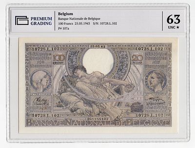Бельгия 100 франков 1943г в слабе PG UNC63*. Pick № 107a.