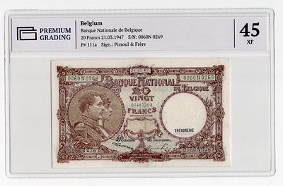 Бельгия 20 франков 1947 в слабе гPG XF45. Pick № 111a.