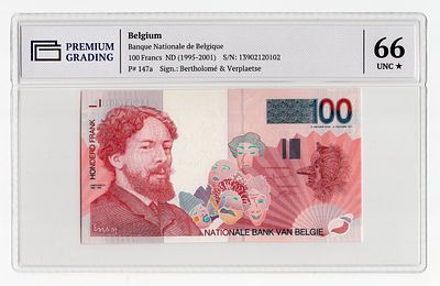 Бельгия 100 франков 1995-2001г в слабе PG UNC66*. Pick № 147a.