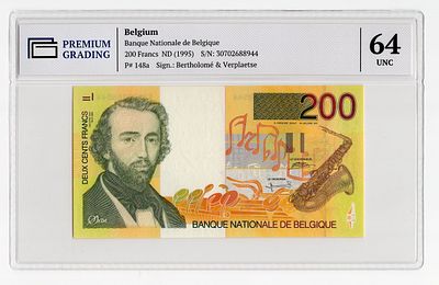 Бельгия 200 франков 1995г в слабе PG UNC64. Pick № 148a.