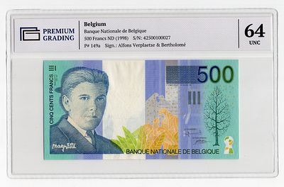 Бельгия 500 франков 1998г в слабе PG UNC64. Pick № 149a.