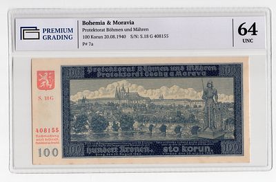 Богемия и Моравия 100 крон 1940г в слабе PG UNC64. Pick № 7a.