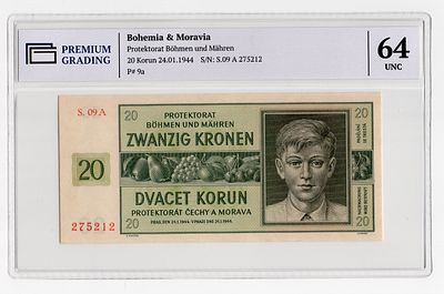 Богемия и Моравия 20 крон 1944г в слабе PG UNC64. Pick № 9a.