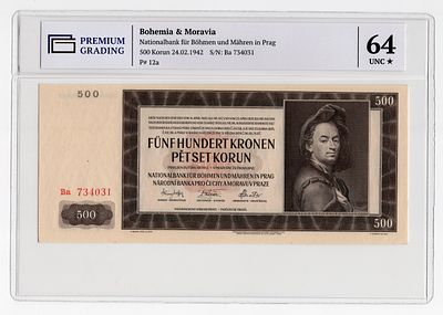 Богемия и Моравия 500 крон 1942г в слабе PG UNC64*. Pick № 12a.