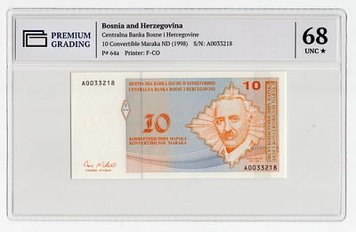 Босния и Герцеговина 10 марок 1998г Алекса Шантич в слабе PG UNC68*. Pick № 64a.