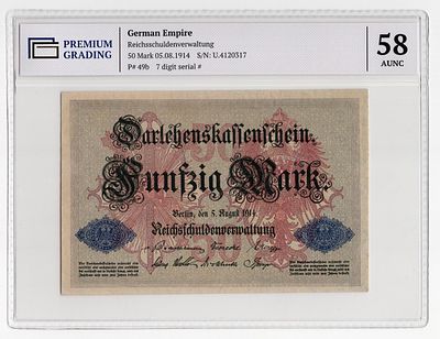 Германия 50 марок 1914г в слабе PG AUNC58. Pick № 49b. 1й выпуск. КРЕДИТНЫЕ КАССОВЫЕ ЧЕКИ