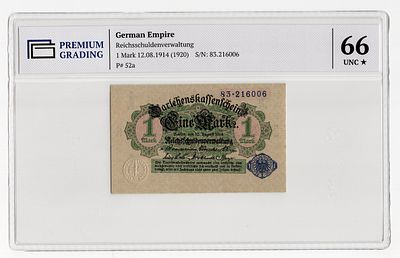 Германия 1 марка 1914(1920)г в слабе PG UNC66*. Pick № 52a. 2й выпуск. КРЕДИТНЫЕ КАССОВЫЕ ЧЕКИ