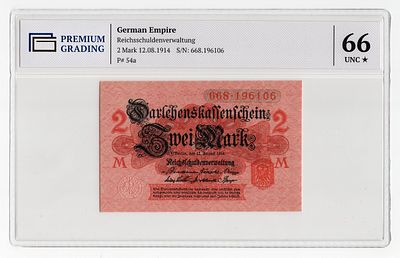 Германия 2 марки 1914г в слабе PG UNC66*. Pick № 54a. 2й выпуск. КРЕДИТНЫЕ КАССОВЫЕ ЧЕКИ