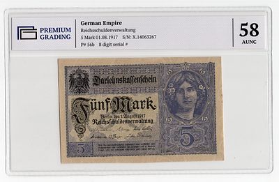 Германия 5 марок 1917г в слабе PG AUNC58. Pick № 56b. Управление имперского долга