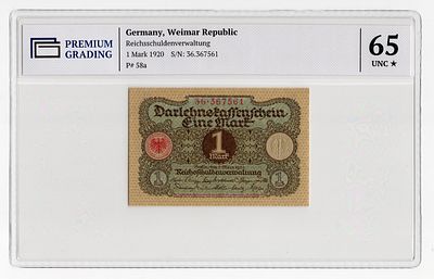 Германия 1 марка 1920г в слабе PG UNC65*. Pick № 58a. Управление имперского долга