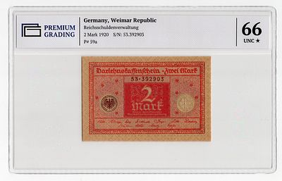 Германия 2 марки 1920г Красная в слабе PG UNC66*. Pick № 59a. Управление имперского долга