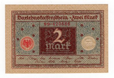 Германия 2 марки 1920г Коричневая AUNC. Pick № 60a. Управление имперского долга