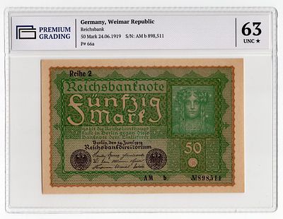 Германия 50 марок 1919г в слабе PG UNC63*. Pick № 66a. Рейхсбанк