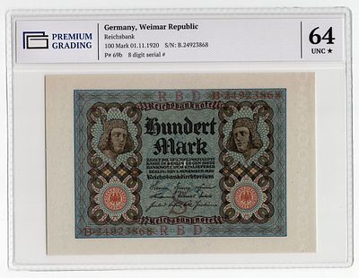 Германия 100 марок 1920г в слабе PG UNC64*. Pick № 69b. Рейхсбанк