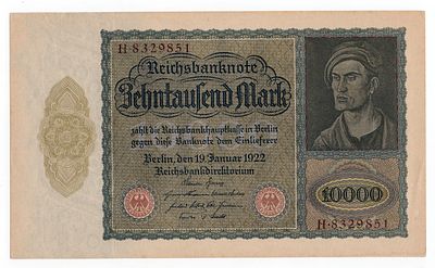 Германия 10000 марок 1922г Первый выпуск большего размера AUNC. Pick № 71a. Рейхсбанк