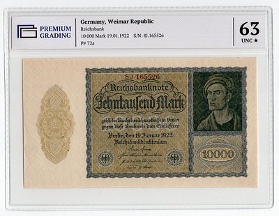Германия 10000 марок 1922г Первый выпуск меньшего размера в слабе PG UNC63*. Pick № 72a. Рейхсбанк