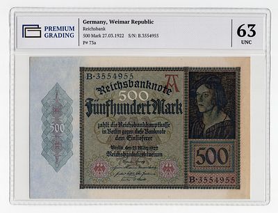 Германия 500 марок 1922г Второй выпуск в слабе PG UNC63. Pick № 73a. Рейхсбанк