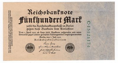 Германия 500 марок 1922г. Pick № 74c. Рейхсбанк
