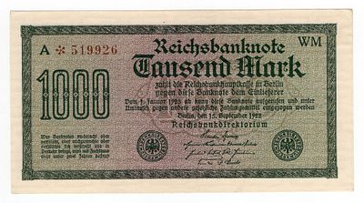 Германия 1000 марок 1922г Третий выпуск AUNC. Pick № 76. Рейхсбанк