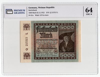 Германия 5000 марок 1922г Четвертый выпуск в слабе PG UNC64*. Pick № 81a. Рейхсбанк