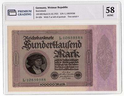 Германия 100000 марок 1923г Первый выпуск в слабе PG AUNC58. Pick № 83b. Рейхсбанк
