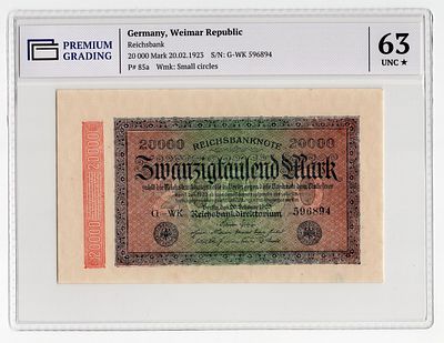 Германия 20000 марок 1923г Второй выпуск в слабе PG UNC63*. Pick № 85a. Рейхсбанк