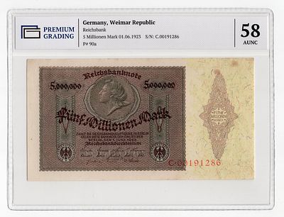 Германия 5000000 марок 1923г Третий выпуск в слабе PG AUNC58. Pick № 90a. Рейхсбанк