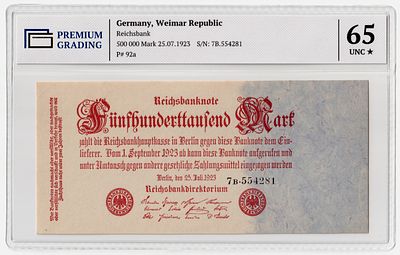 Германия 500000 марок 1923г Четвертый выпуск в слабе PG UNC65*. Pick № 92a. Рейхсбанк