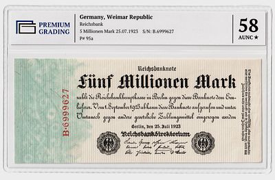 Германия 5000000 марок 1923г Четвертый выпуск в слабе PG AUNC58*. Pick № 95a. Рейхсбанк