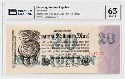 Германия 20000000 марок 1923г Четвертый выпуск в слабе PG UNC63*. Pick № 97b. Рейхсбанк